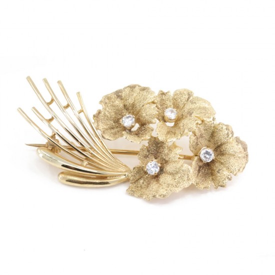 Brooch in 14 K yellow gold flowers with zircons, 1369.