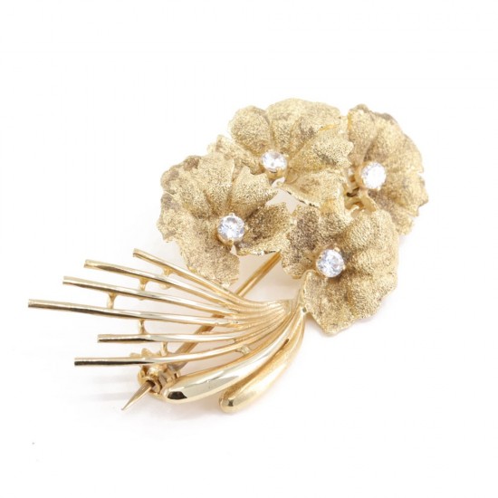 Brooch in 14 K yellow gold flowers with zircons, 1369.