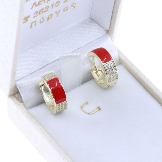 Silver earrings Prince Silvero gold-plated hoop with red enamel and zircon, 2ZK-SC126-3R.