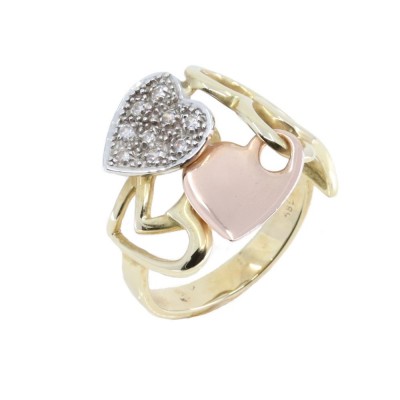 14 K ring with hearts in three colors and zircon, 2014.