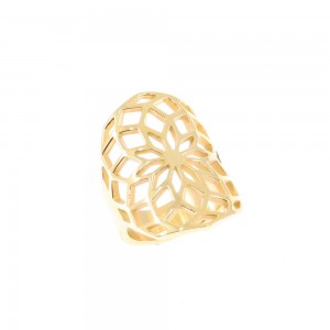 Ring excite fashion with wide perforated geometric pattern in gold plated steel, 2066.