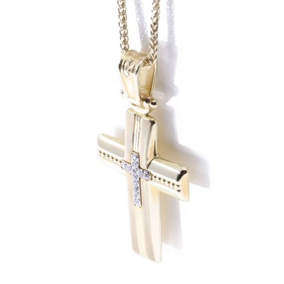 14 K cross with zircon in matte and shiny gold, 2266.