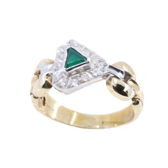 14 K ring with emerald and zircon in a triangular design, 2315.