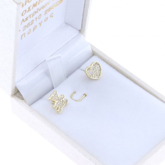 Earrings double design bear-heart silver gold-plated, Senza, 2332.