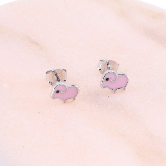 Children's silver earrings lamb in pink enamel, Senza, 2397.