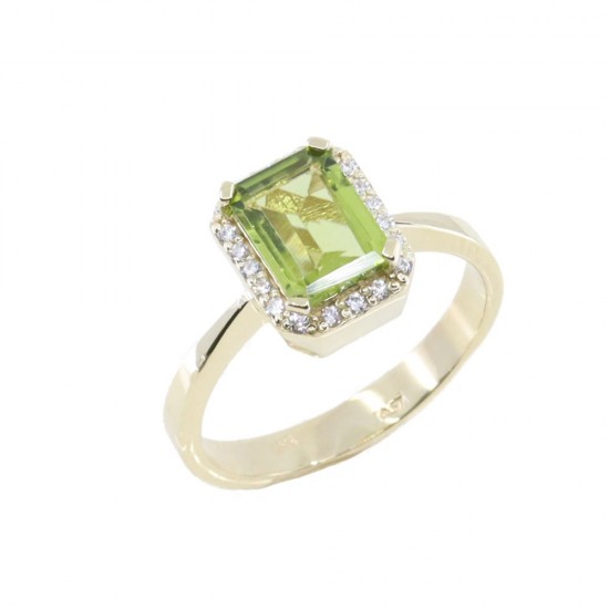 14K rosette ring with prasiolite and zircon, 2398.