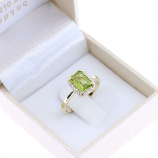 14K rosette ring with prasiolite and zircon, 2398.