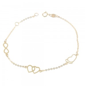 Hand chain 14K gold yellow with elements, baby's foot, hearts, infinity, 2410.