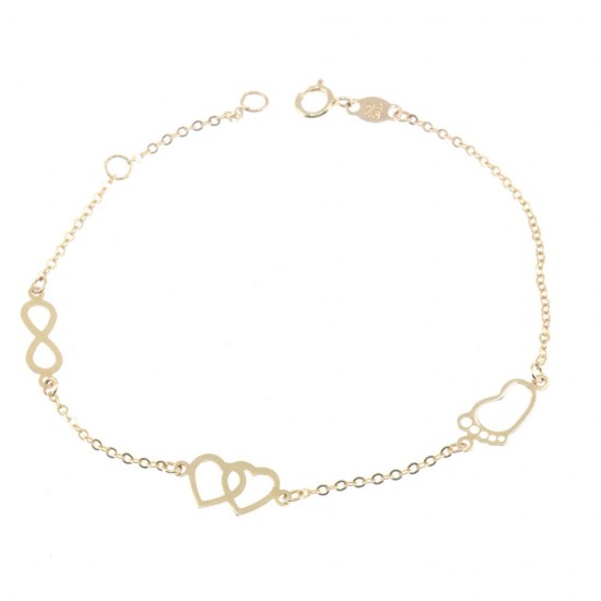 Hand chain 14K gold yellow with elements, baby's foot, hearts, infinity, 2410.