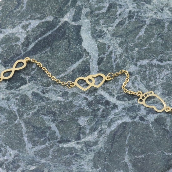 Hand chain 14K gold yellow with elements, baby's foot, hearts, infinity, 2410.