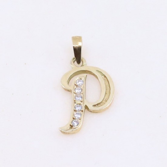 Monogram pendant greek R, 14K yellow gold with zircon, 2554.