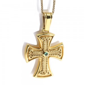 14K yellow gold cross with an emerald in a Byzantine design, 2625.