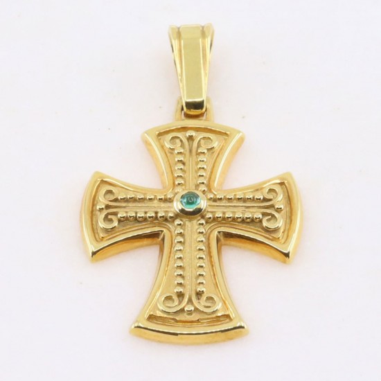 14K yellow gold cross with an emerald in a Byzantine design, 2625.