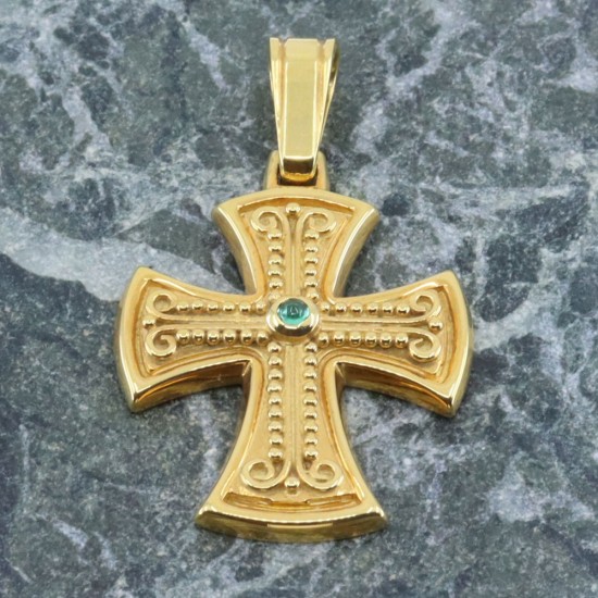 14K yellow gold cross with an emerald in a Byzantine design, 2625.