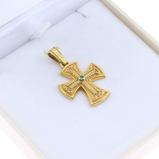 14K yellow gold cross with an emerald in a Byzantine design, 2625.