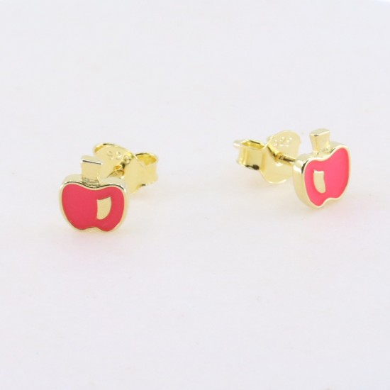 Children's apple earrings, silver gold plated with enamel, 2647.