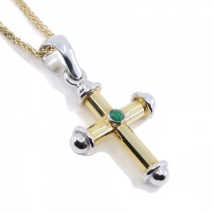 18K white and yellow gold cross with emerald, 2709.