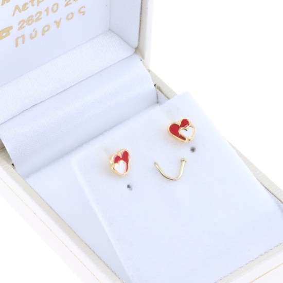 Children's double heart earrings, silver gold-plated with enamel, 2811.