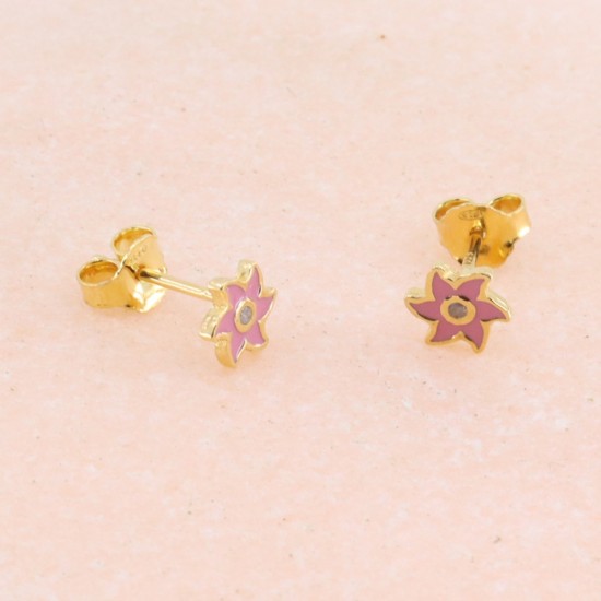 Children's pink star earrings, silver gold-plated with enamel, 2812.