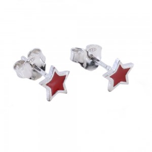 Children's red star earrings, silver with enamel, 2813.