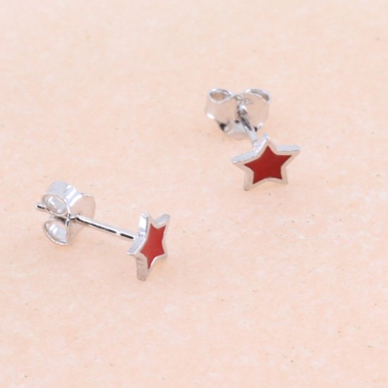 Children's red star earrings, silver with enamel, 2813.