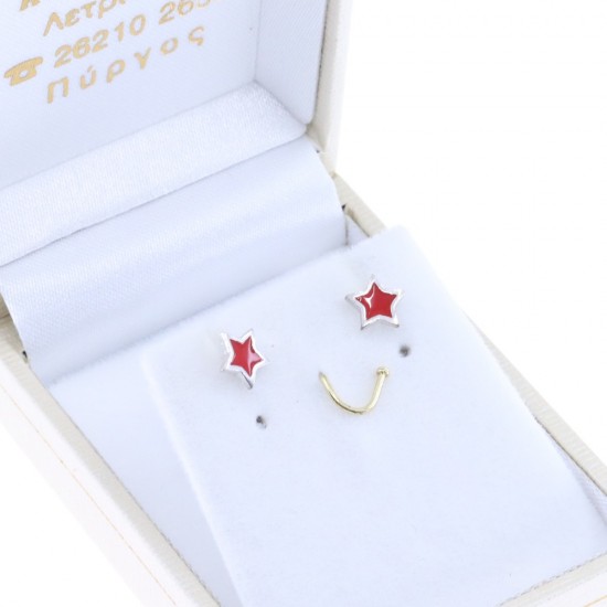 Children's red star earrings, silver with enamel, 2813.