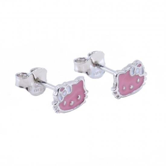 Children's pink kitty earrings, silver with enamel, 2814.