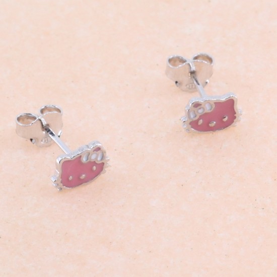 Children's pink kitty earrings, silver with enamel, 2814.