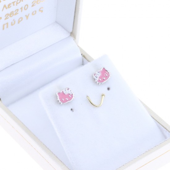 Children's pink kitty earrings, silver with enamel, 2814.