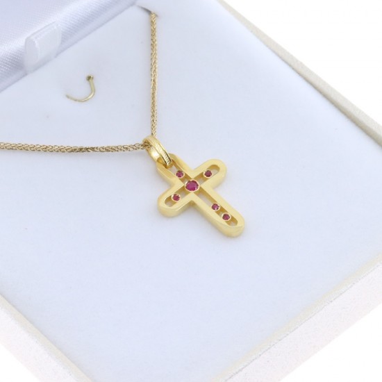 14K yellow gold cross with rubies in modern perforated design, 2893.