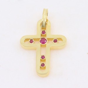 14K yellow gold cross with rubies in modern perforated design, 2893.