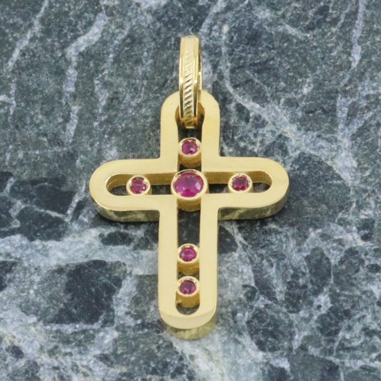 14K yellow gold cross with rubies in modern perforated design, 2893.