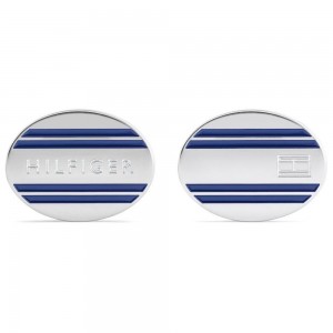 Tommy Hilfiger steel cufflinks in silver color with blue lines and logo, 2790284.