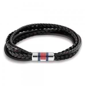 Tommy Hilfiger black leather multi knit bracelet with logo and magnetic clasp, 2790426.