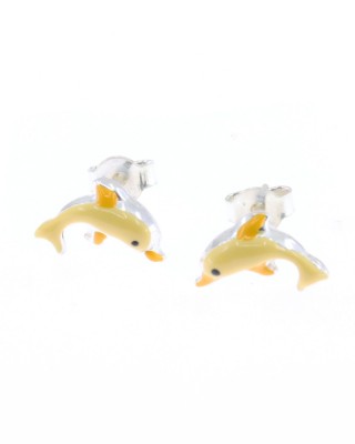 Children's yellow dolphin earrings, silver with enamel, 3029.