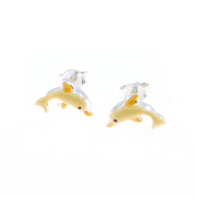 Children's yellow dolphin earrings, silver with enamel, 3029.