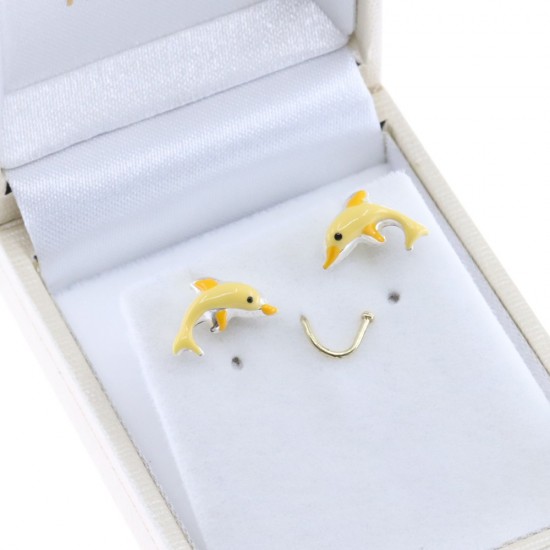 Children's yellow dolphin earrings, silver with enamel, 3029.