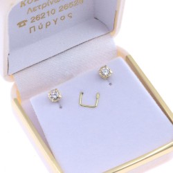 Silver single stone earrings with white zircon, gold plated, 3057.