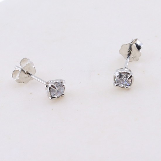 Silver single stone earrings with white zircon, 3058.